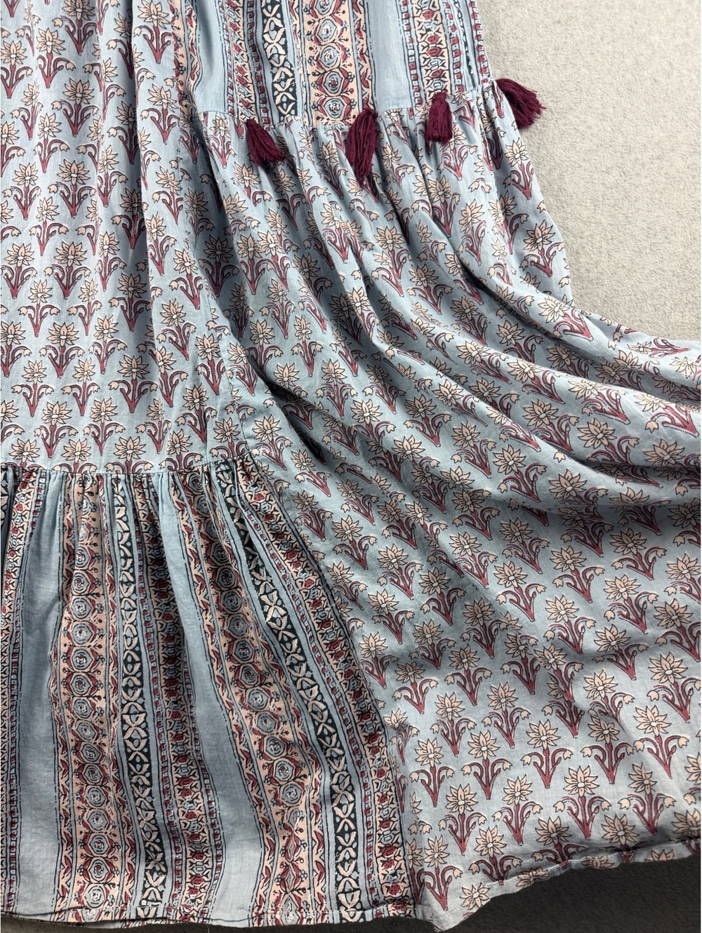 World Market L/XL Floral Maxi Dress Boho Tiered Cotton Tassel Blue - Picture 5 of 9